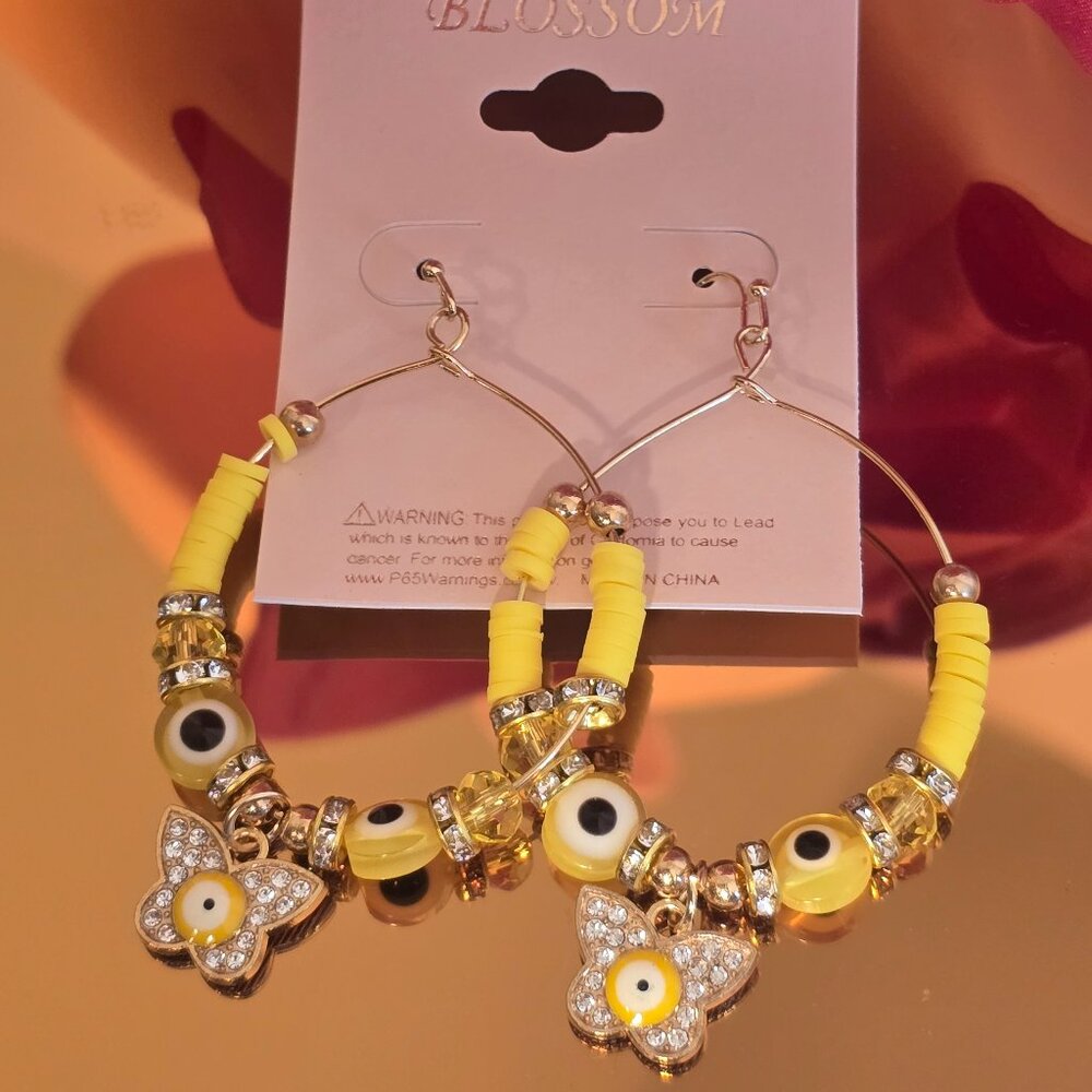 Blossom Yellow Evil Eye Hoop Earrings | Beaded Flower Charm | Gold Tone | Boho |